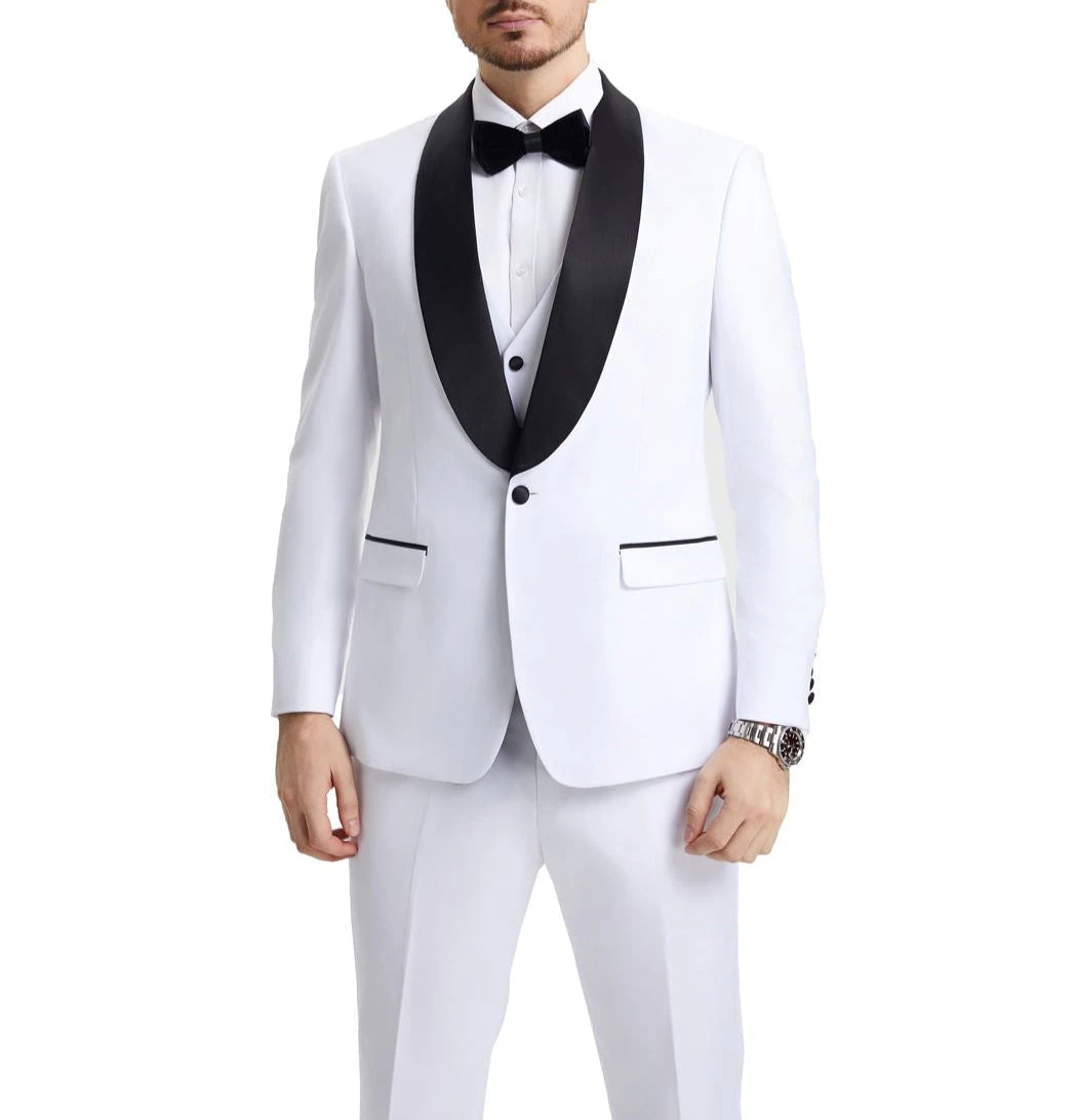 Stacy Adams - White 3 Piece Hybrid Fit Tuxedo Satin Shawl Lapel 1 Stacy Adams - White 3 Piece Hybrid Fit Tuxedo Satin Shawl Lapel