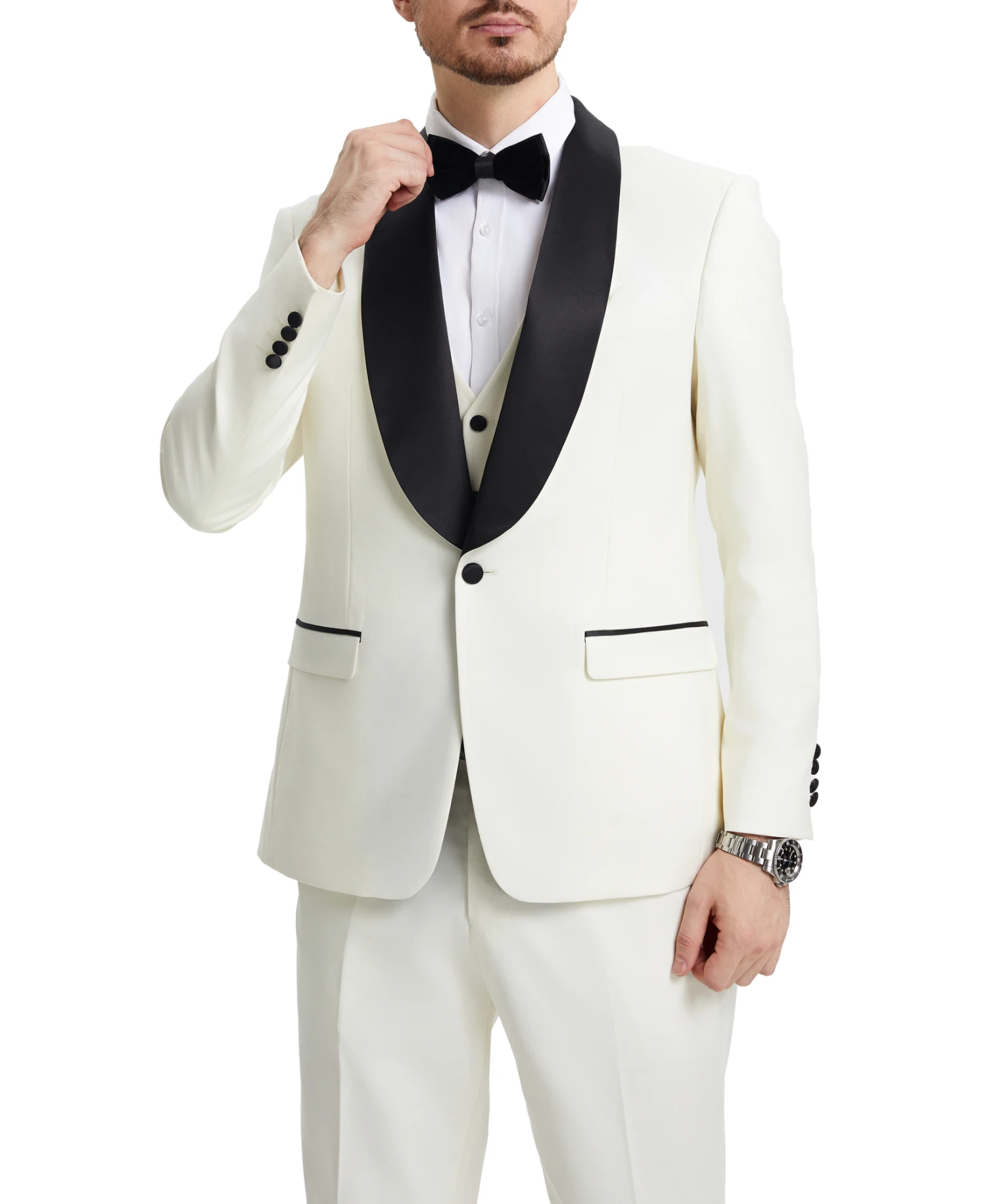 Stacy Adams - Ivory 3 Piece Hybrid Fit Tuxedo Satin Shawl Lapel 1 Stacy Adams - Ivory 3 Piece Hybrid Fit Tuxedo Satin Shawl Lapel