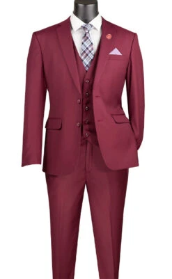 Slim Fit Business Men's Suit 3 Piece 2 Button In Burgundy
