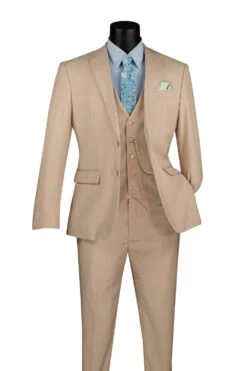 Slim Fit Business Men's Suit 3 Piece 2 Button In Stone