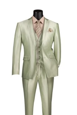 Slim Fit 3 Piece Satin Suit In Light Sage
