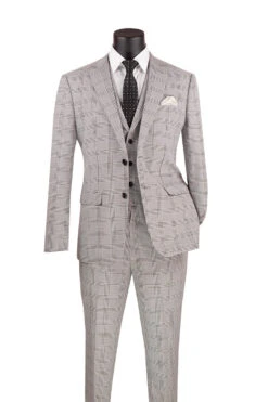 Slim Fit Suit Windowpane 3 Piece With Vest In Black/Gray