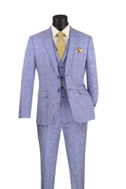 Slim Fit Suit Windowpane 3 Piece With Vest In Sky Blue