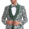 Men's Slim Fit One Button Shawl Collar Vested Paisley Shawl Lapel Prom Tuxedo In Hunter Green
