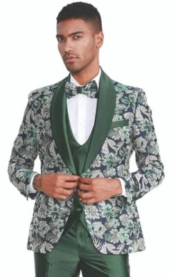 Men's Slim Fit One Button Shawl Collar Vested Paisley Shawl Lapel Prom Tuxedo In Hunter Green