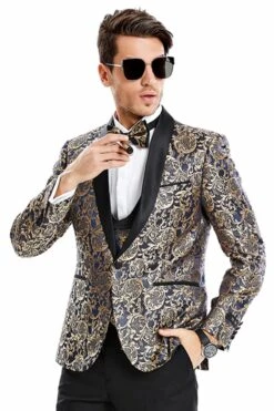 Mens One Button Vested Prom And Wedding Shawl Tuxedo In Blue And Gold