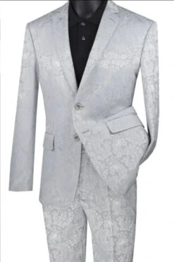 Mens Slim Fit Shiny Paisley Prom And Silver Grey Wedding Suit