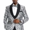 Mens One Button Slim Fit Shiny Paisley Floral Silver Prom Tuxedo