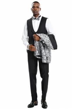 Mens One Button Slim Fit Shiny Paisley Floral Silver Prom Tuxedo -Alberto Nardoni Shop Silver Suit3