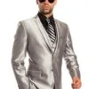 Men's Two Button Vested Shiny Sharkskin Wedding Silver Grey Fashion Suit