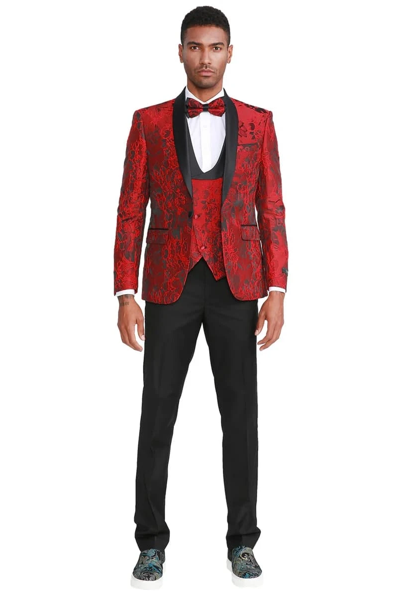 Mens Slim Fit One Button Shawl Lapel Prom Tuxedo In Red 2 Mens Slim Fit One Button Shawl Lapel Prom Tuxedo In Red - Image 2