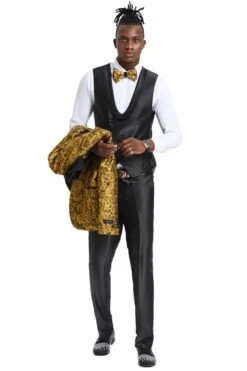 Mens One Button Slim Fit Paisley Skinny Fit Pant Vested Prom Tuxedo In Gold And Black -Alberto Nardoni Shop Slim Fit Gold and Black