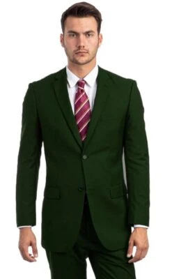 Men's Vested Two Button Notch Lapel Modern Fit Solid Color Wedding Suit In Hunter Green