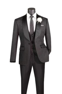 Slim Fit Tuxedo 3 Piece With Jacquard Pattern In Black