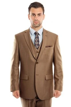 "Sharkskin Business Suit For Men - Two Button Vested In Dark Camel Toast"