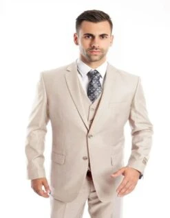 Men's Vested Two Button Solid Color Wedding And Business Tan Suit