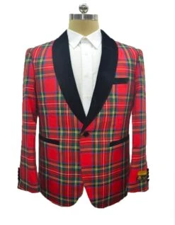 Mens Tartan Plaid Christmas Holiday Blazer In Red