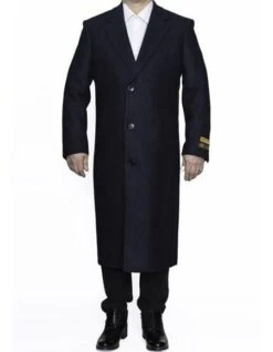 Mens Overcoat -Mens Long Wool Topcoats- Topcoat For Men-Men's Dress Coat Full Length Wool Dress Top Coat / Overcoat In Navy Blue Authentic Reg:$700 Designer Now On Sale