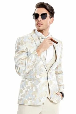 Mens One Button Floral Solid Textured Vest Wedding Dinner Jacket Tuxedo Suit In Tan