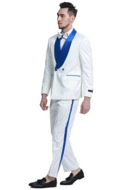 Men's Slim Fit Double Breasted Paisley Smoking Jacket Prom & Wedding Tuxedo In White & Royal Blue