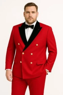 Men's Red Double-Breasted Wedding Tuxedo With Black Velvet Lapel And Gold Buttons - Christmas New Year Suit -Alberto Nardoni Shop Tuxedowithblackvelvet