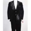 Men's 2 Button Black Velvet Suit Jacket, With Floral Pattern, Satin Peak Lapel, And Black Dress Pants