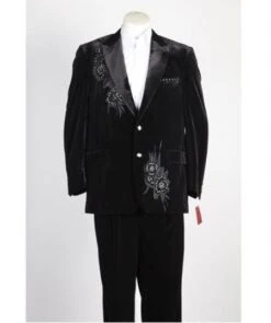 Men's 2 Button Black Velvet Suit Jacket, With Floral Pattern, Satin Peak Lapel, And Black Dress Pants