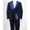 Men's 2 Button Midnight Blue ~ Navy Velvet Suit Jacket, With Floral Pattern, Satin Peak Lapel, And Black Dress Pants