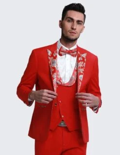 Mens Vested Red Prom Tuxedo With Floral Paisley Peak Lapel And Vest Trim