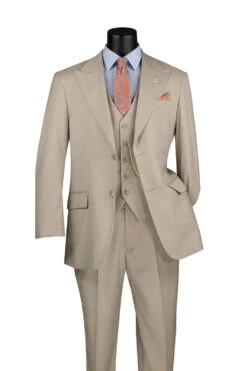 Oatmeal Regular Fit 3 Piece Suit With Vest And Adjustable Waist Band Pants