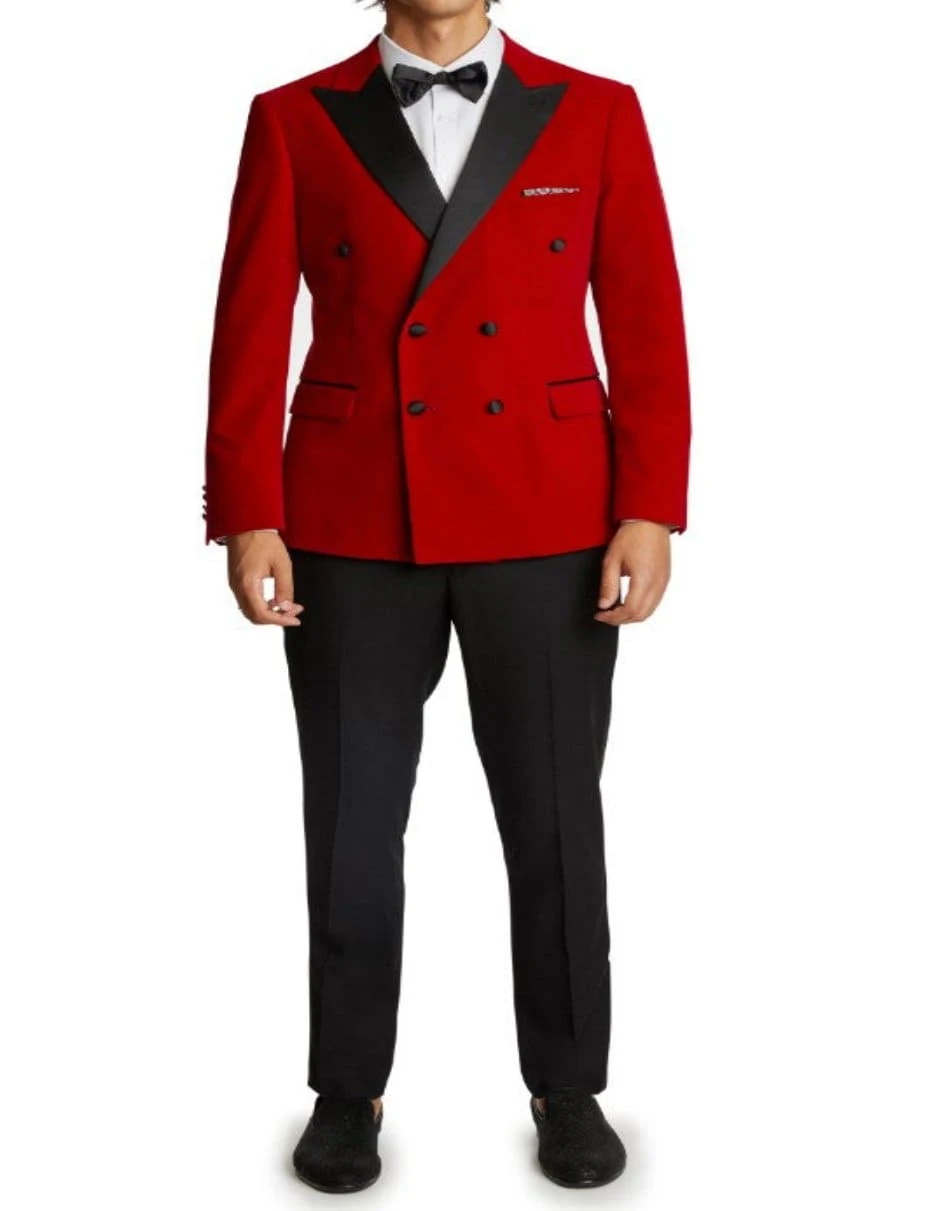Double Breasted Tuxedo - Velvet Dinner Jacket With Pants In Color Red 2 Double Breasted Tuxedo - Velvet Dinner Jacket With Pants In Color Red - Image 2
