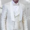 Mens Shawl Lapel Vested Wedding Prom Tuxedo In Ivory Off-white Gold Floral Paisley