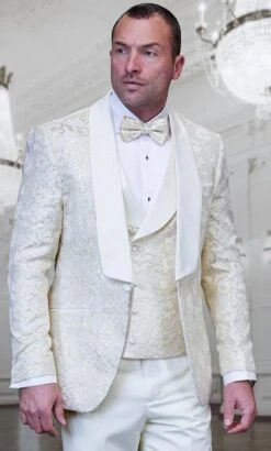 Mens Shawl Lapel Vested Wedding Prom Tuxedo In Ivory Off-white Gold Floral Paisley