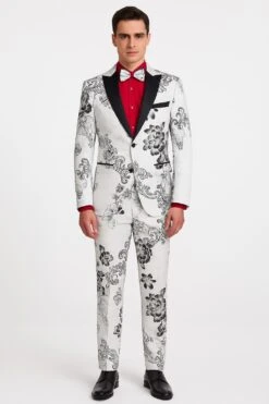 Mens White Floral Tuxedo With Black Lapel – 3-Piece Designer Prom Suit Wedding Suit