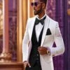 White And Black Tuxedo Wedding Suit - White Dinner Jacket + Vest + Pants + Bow-tie