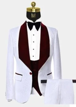 Men One Button Floral White And Burgundy Tuxedo – 3 Piece