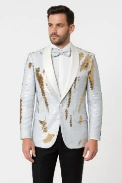 Mens White And Gold Reversible Sequin Tuxedo Jacket With Satin Lapel And Matching Bow Tie