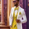 White And Gold Tuxedo Wedding Suit - White Dinner Jacket + Vest + Pants + Bow-tie