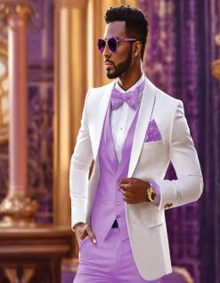 White And Lavender Tuxedo Wedding Suit - White Dinner Jacket + Vest + Pants + Bow-tie