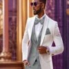 White And Light Grey Tuxedo Wedding Suit - White Dinner Jacket + Vest + Pants + Bow-tie