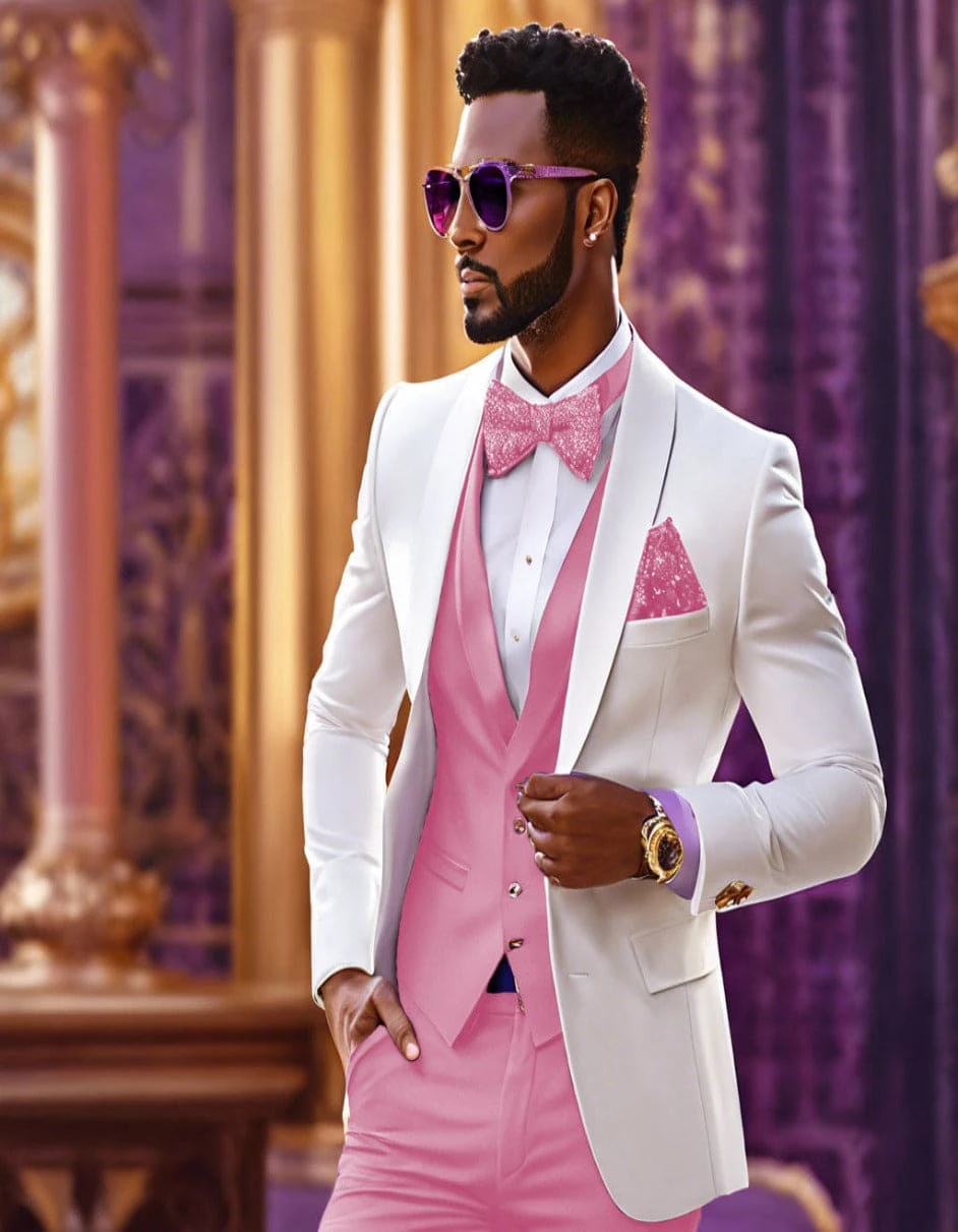 White And Light Pink Tuxedo Wedding Suit - White Dinner Jacket + Vest + Pants + Bow-tie 1 White And Light Pink Tuxedo Wedding Suit - White Dinner Jacket + Vest + Pants + Bow-tie