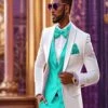 White And Turquoise Tuxedo Wedding Suit - White Dinner Jacket + Vest + Pants + Bow-tie