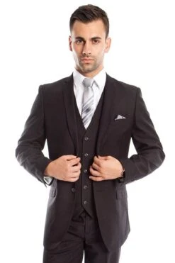 "Charcoal Grey Slim Fit Wedding Suit For Men - Two Button Basic Vested"