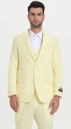 Men's Notch Label Orange Colour Summer Seersucker Fabric Vested 3 Piece Suit -Alberto Nardoni Shop Yellow Summer Suit