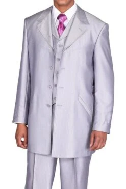 Mens 4 Button Vested Shiny Sharkskin Zoot Suit In Silver