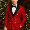 Men's Red Double-Breasted Wedding Tuxedo With Black Velvet Lapel And Gold Buttons - Christmas New Year Suit