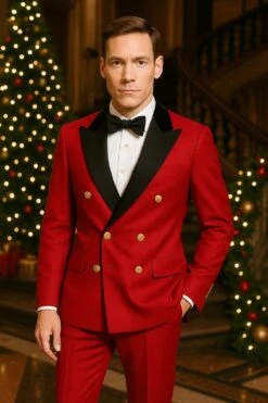Men's Red Double-Breasted Wedding Tuxedo With Black Velvet Lapel And Gold Buttons - Christmas New Year Suit