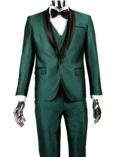 Black And Green Tuxedo - Mens 1 Button Shawl Lapel Vested Wedding | Prom Tuxedo In Emerald Green Sharkskin
