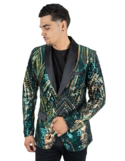 Black And Green Tuxedo - Mens Emerald Green & Gold Linear Sequin Prom Blazer Tuxedo