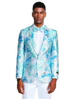 Blue Paisley Jacket Mens Paisley Shawl Prom Tuxedo Blazer In Turquoise Sky Blue